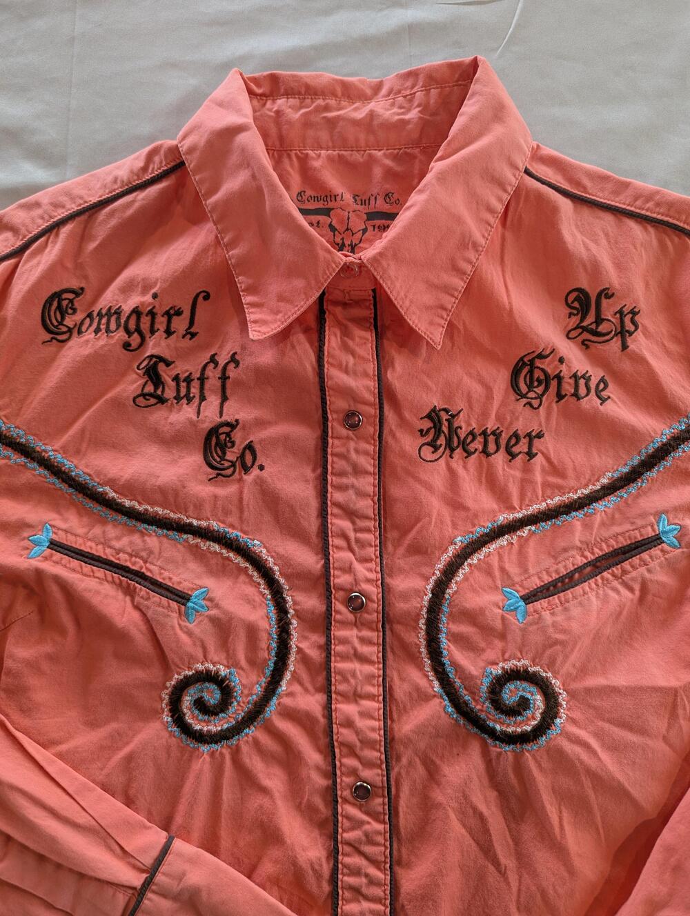 Cowgirl Tuff Co. Shirt Womens L Pink Western Snap Button Long Sleeve Embroidered